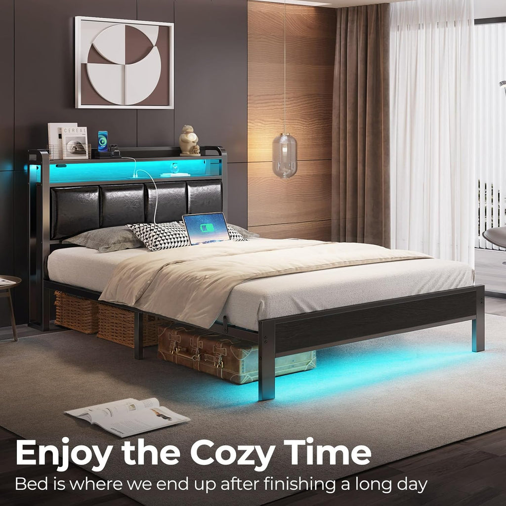 Bed Frame Full with Charging Station and LED Lights, PU Leather Headboard with Storage Shelves, Heavy Duty Metal Slats