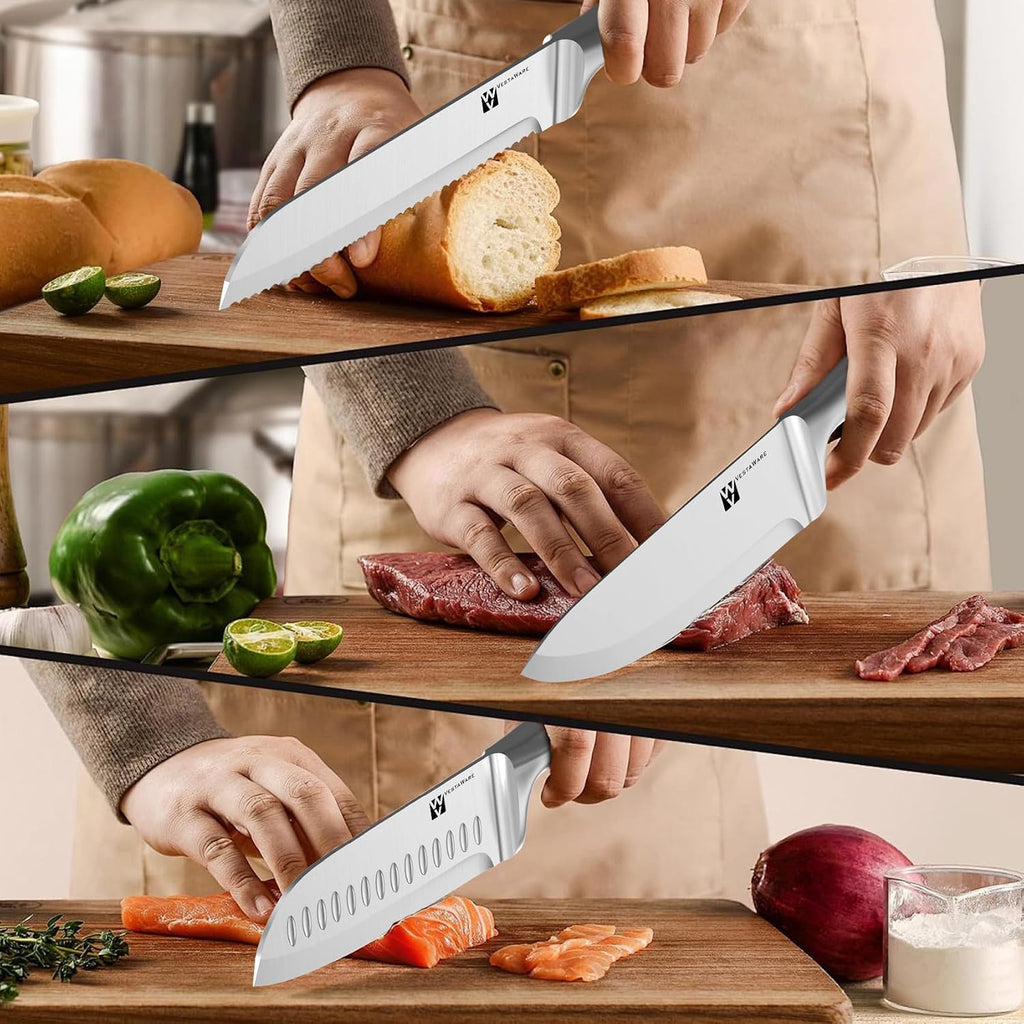 14 Piece Kitchen Knife Block Set, Natural Wood Block, Dishwasher Safe | Razor-Sharp Japanese Stainless Steel Knife