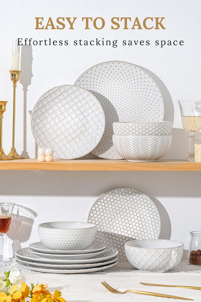 32-Piece Luxury Dinnerware Set,Complete Plates and Bowls Set for 8,Upscale Ceramic Dish Set for Hosting