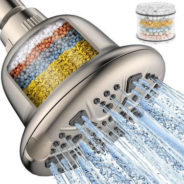 Filtered Shower Head Brushed Nickel - High Pressure Shower Head with Filter for Hard Water Softener