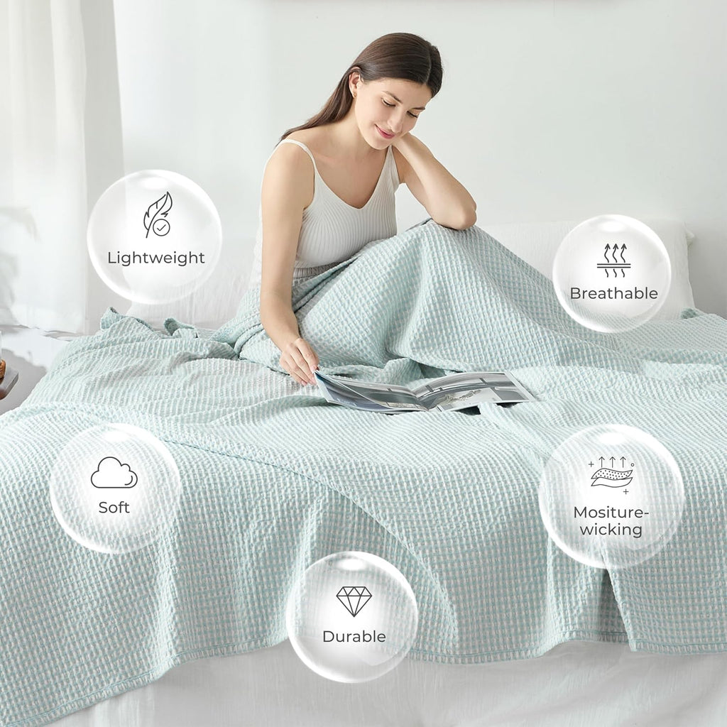 Lightweight Cotton Waffle Throw Blanket, Modern Two-Tone Check Pattern, Soft & Breathable, All Seasons - Light