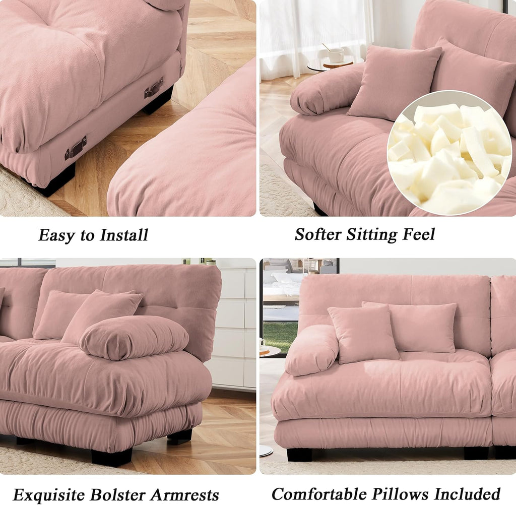 Modular Sectional Sofa Cloud Couch, Deep Seat L Shaped Couch with Ottoman, Pink Sofa Sectional Couches for Living Room