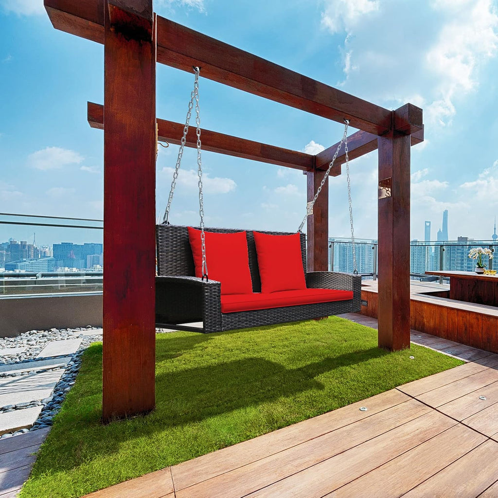 2-Person Wicker Porch Swing, Patiojoy Outdoor Rattan Hanging Swing Bench W/ 2 Back Cushions & 1 Seat Cushion, Sturdy