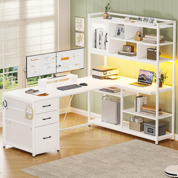 L Shaped Computer Desk, 58'' Office Desk with 3 Drawers and Bookshelf