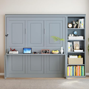 Queen Murphy Bed with Desk and Storage Shelves,Wood Hideaway Murphy Wall Bed with Storage Bookcase for Adults (Grey)