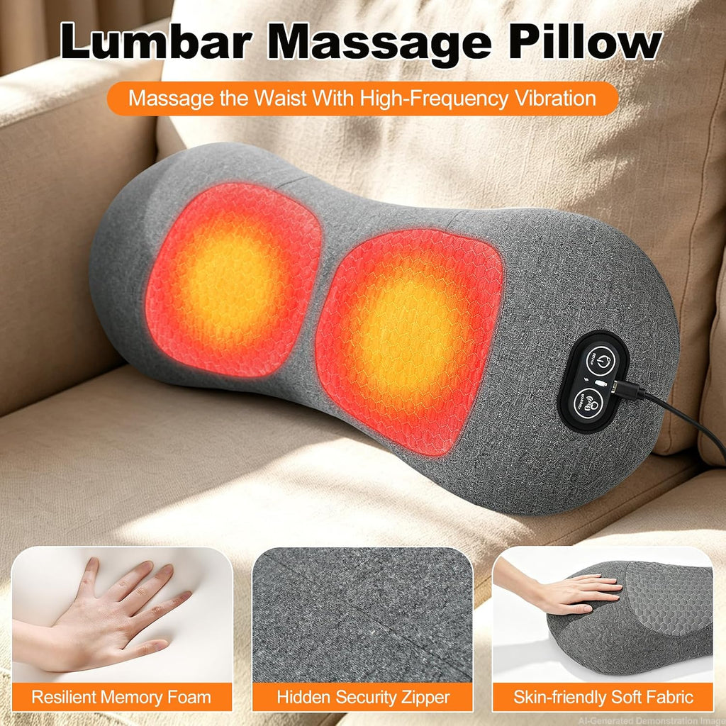 3-in-1 Lumbar Support Pillow with Heat & Massage, Ergonomic Memory Foam Lower Back Massager for Pain Relief Deep