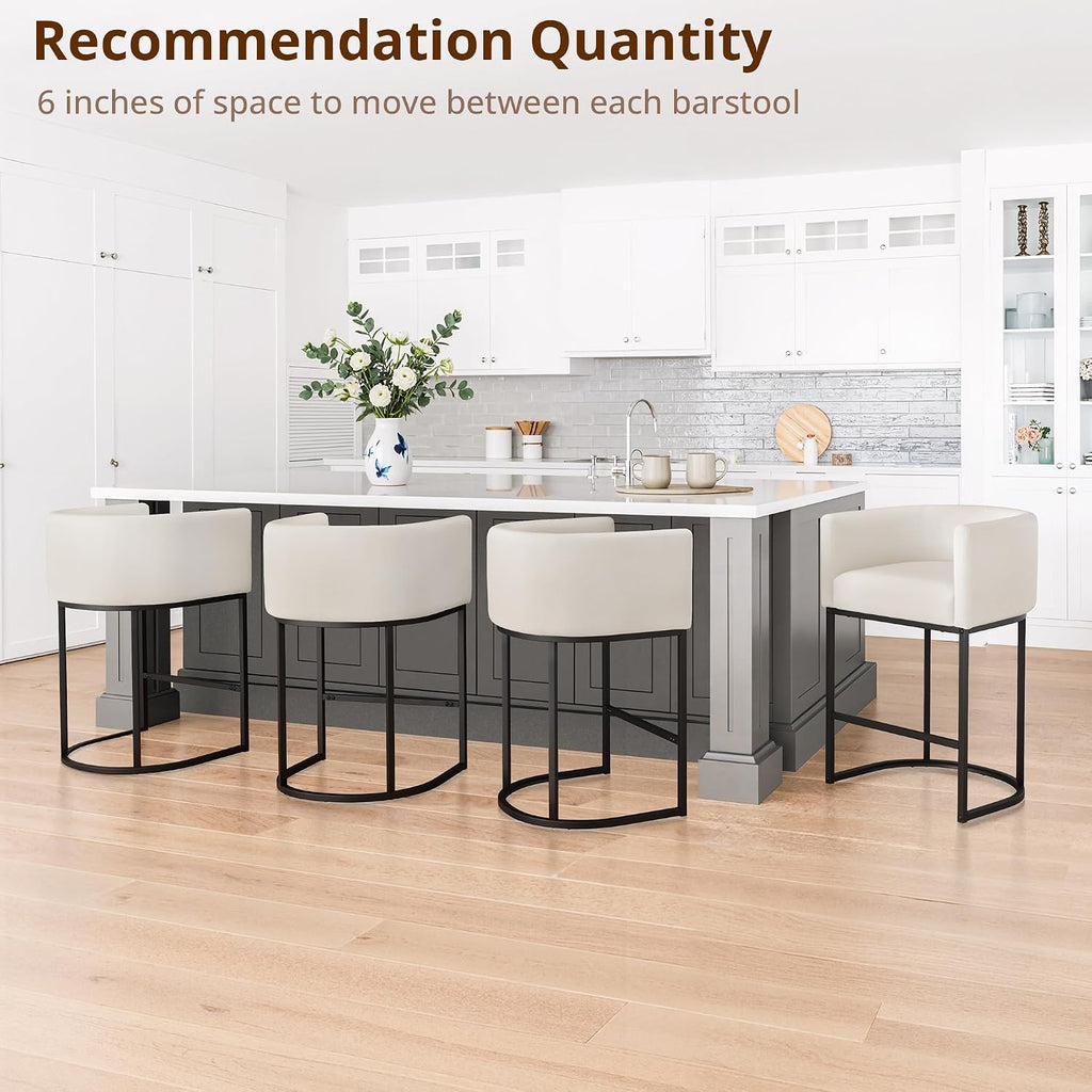 Counter Height Bar Stools Set of 3, Modern Barrel Counter Stools with Backrest and Arms, Black Metal Frames, Linen