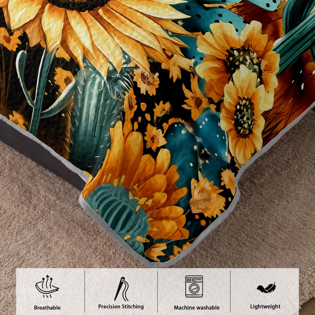 Sunfower Print Quilt Bedding Set, 3-Piece Western Cactus Flower Bedspread Coverlet, Sunset Theme Quilt, 2