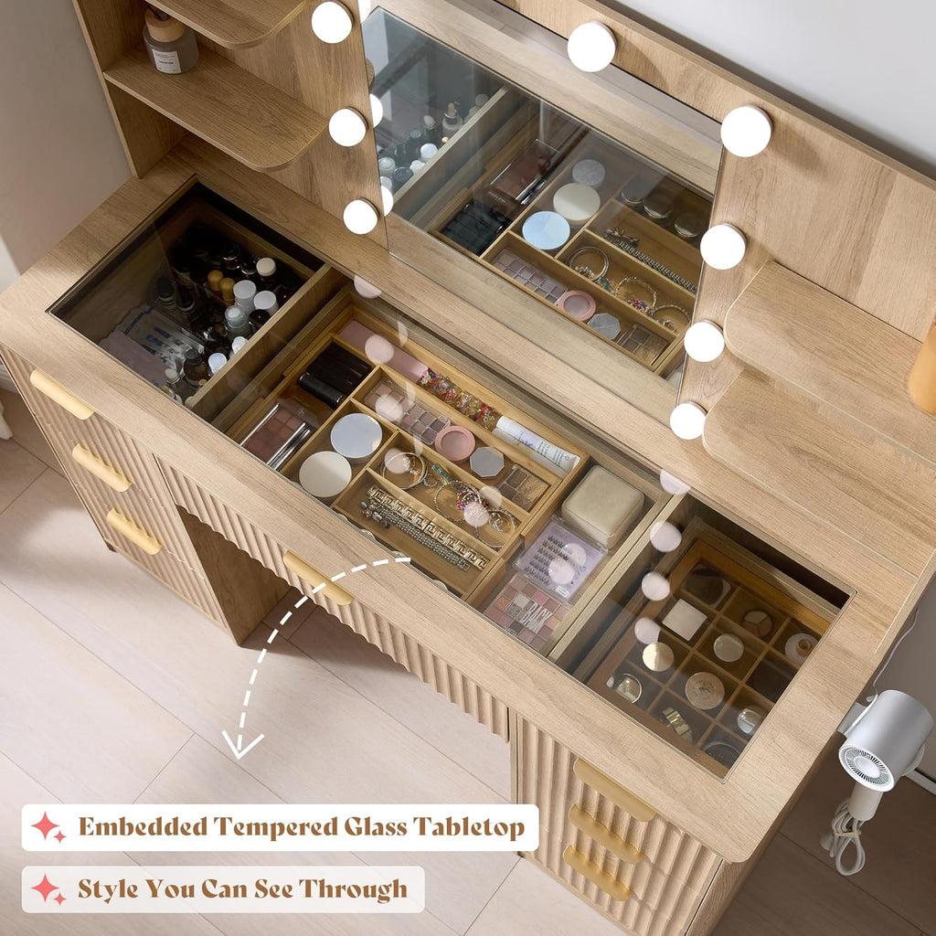 47.2" Fluted Vanity Desk with Mirror and Lights, Natural Oak | Large 7 Drawers Wood Makeup Vanity Table with Glass