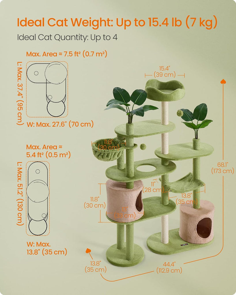 Cat Tree, 68.1-Inch Multi-Level Plush Cat Tower, Artificial Leaves