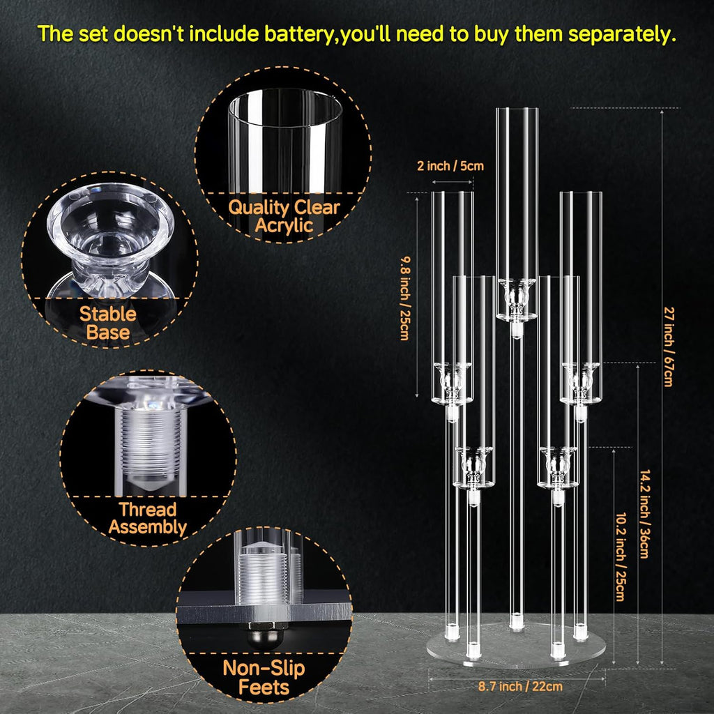 4 Set 5 Arms Acrylic Candelabra Centerpieces,Clear Candlesticks Holder with Acrylic Shade for Valentine's Day Dinner
