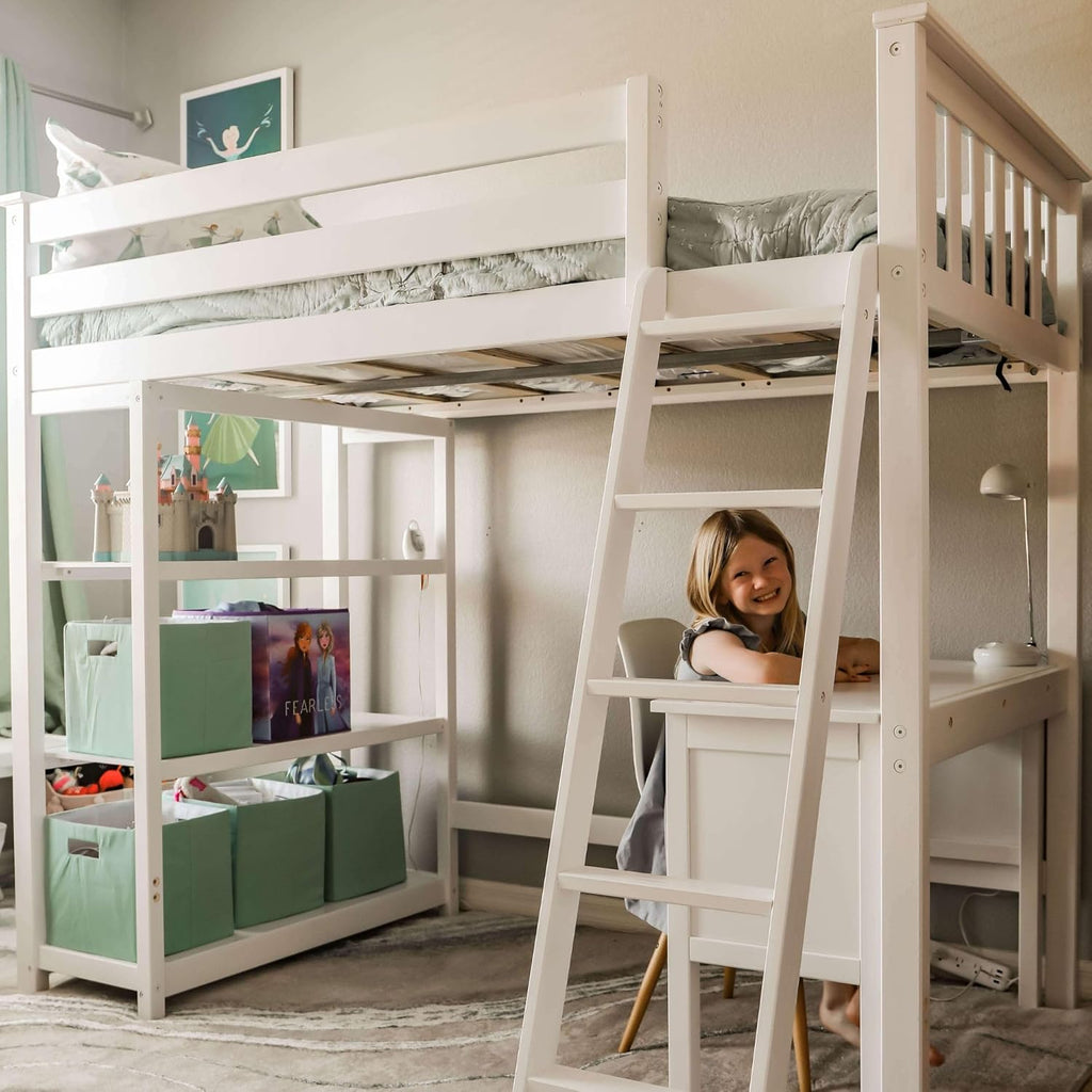 High Loft Bed, Twin Bed Frame for Kids With Bookcase and Desk, White
