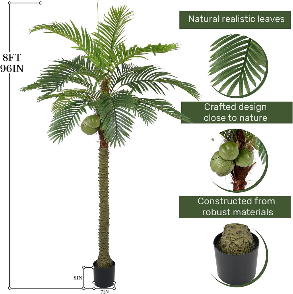 Phoenix Palm Tree 8FT Tall Large Faux Coconut Trees with Realistic Leaves, Fake Tropical Floor Potted Artificial