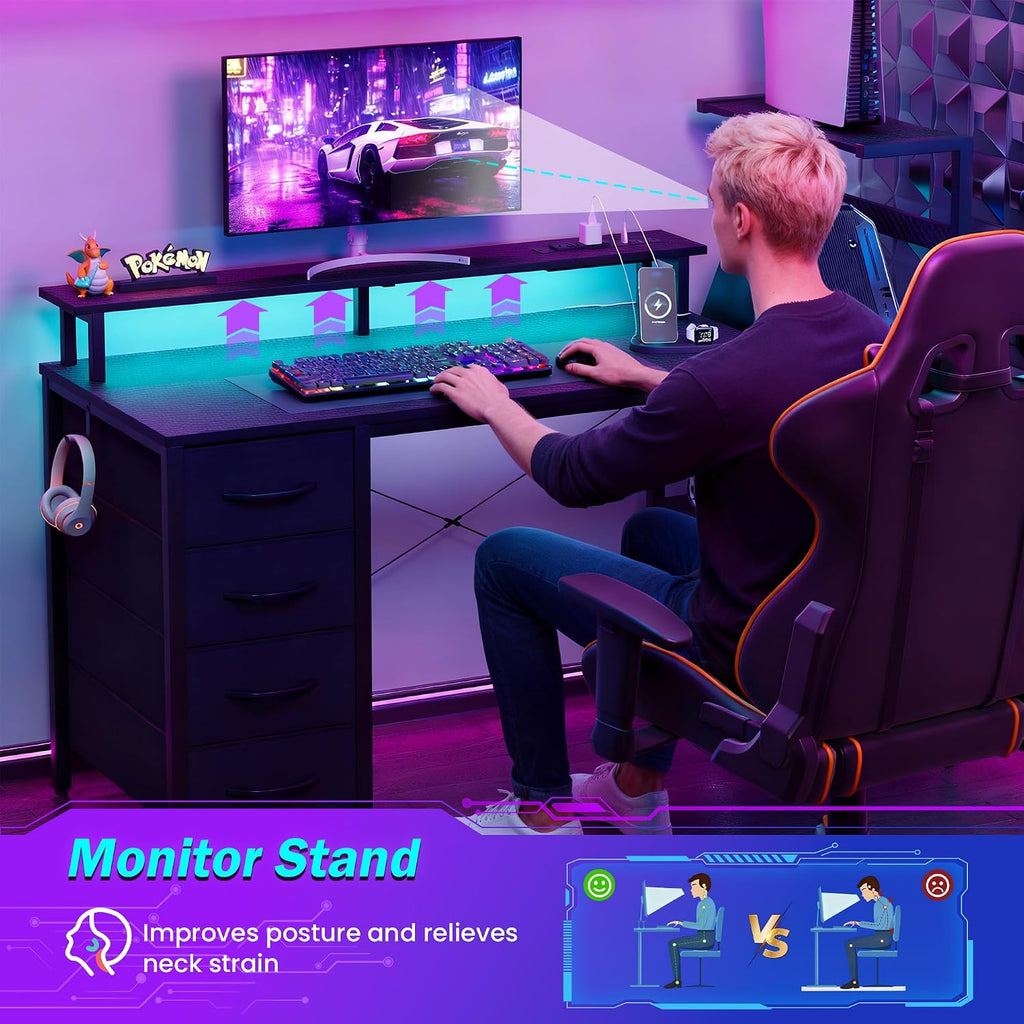 59 Inch Gaming Desk with Drawers & PC Tower Stand & LED Lights, Black | Reversible, Monitor Shelf, Power Outlets