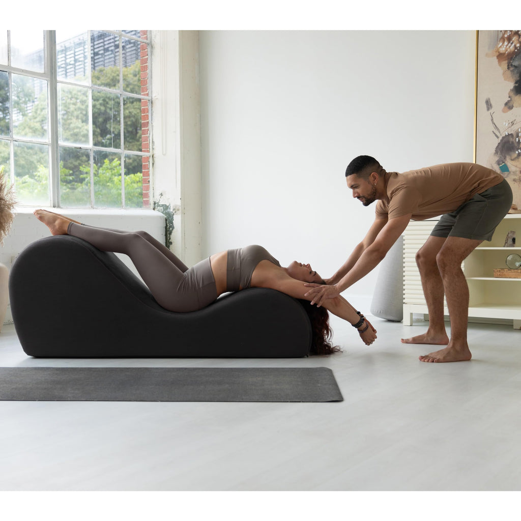 Chakra Yoga Chaise - 2 Adjustable Headrests & Handles with Adjustable Straps, Micro-Velvet/Microloop, Black & Grey