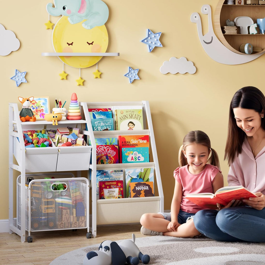 Kids Bookshelf Toy Storage Organizer & 2 Bins,3 Tier White | Kids Bookcase Equipped With Movable Drawer And 2 Toy