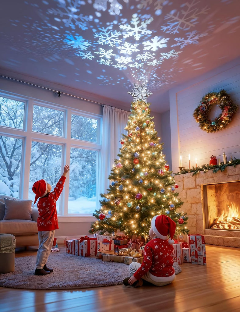 Christmas Tree Topper with Rotating Snowflake Projector, Silver