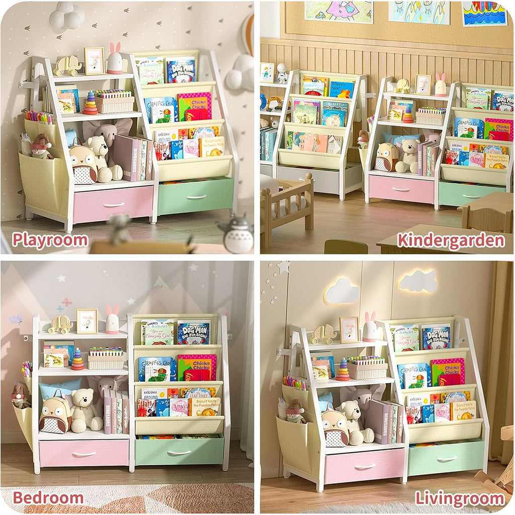 3 Tier Kids Bookshelf and Toy Organizer | 32.4"x11.8"x29.9", 3 Sling Pockets, 2 Bottom Drawers, Large Capacity Bins