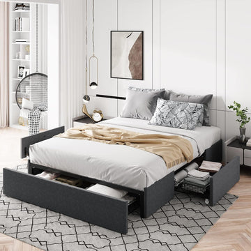 Queen Platform Bed Frame with 3 Storage Drawers, Fabric Upholstered, Wooden Slats Support, No Box Spring Needed