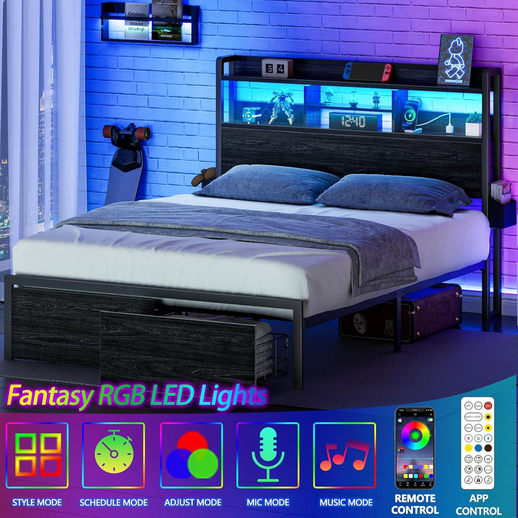 Full Bed Frame with Wood Headboard, Metal Platform Bed Frame Full with 2 Storage Drawers and Shelf