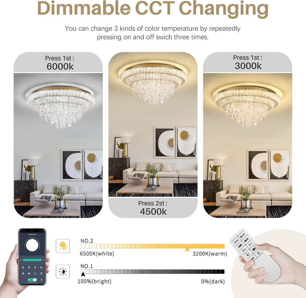 24 inch Flush Mount Crystal Chandelierse with Remote and APP Gold, Modern Elegant LED Crystal Raindrop Ceiling Light