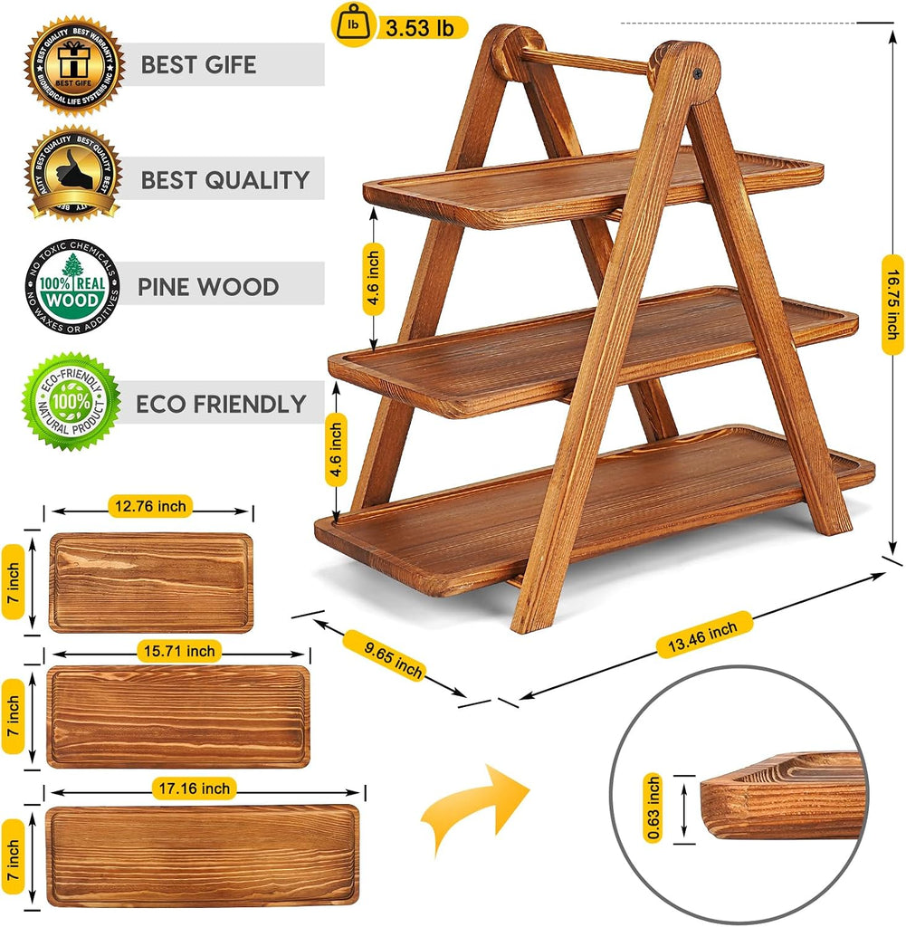Extra Large Wood 3 Tier Serving Tray Three Tiered Cupcake Stand, Rectangle Serving Platter Wooden Farmhouse Tiered