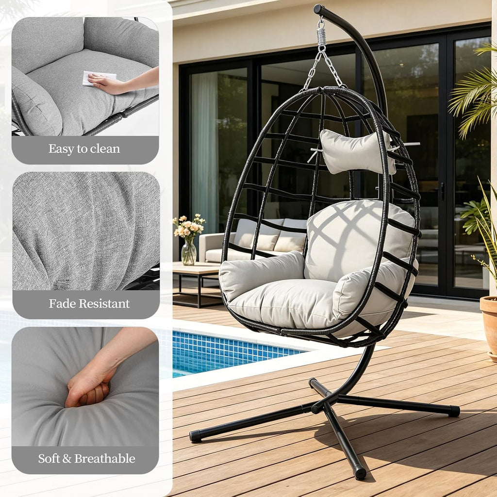 Hanging Egg Chair with Stand, Indoor Outdoor Rattan Wicker Egg Swing Chair with Cushion, Patio Hammock Chair for