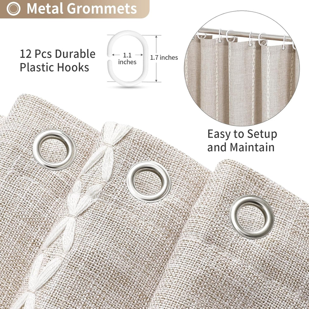 Boho Farmhouse Fabric Shower Curtain, Tan Brown Modern Polyester Linen Shower Curtains for Vintage Rustic Bathroom