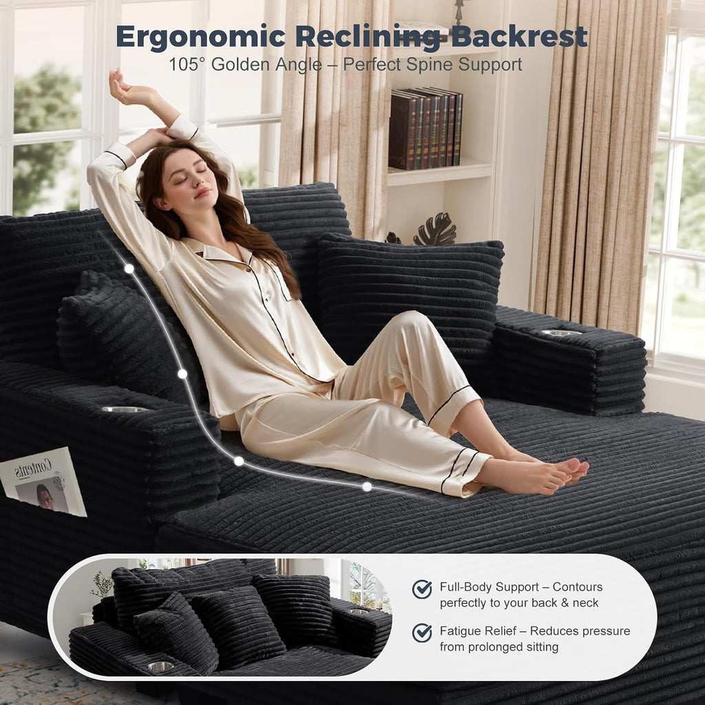 60" Chaise Lounge Chair Indoor, Wood Frame, Black | Oversized Sofa Bed, USB Port and 2 Cup Holders, Comfy Plush Faux
