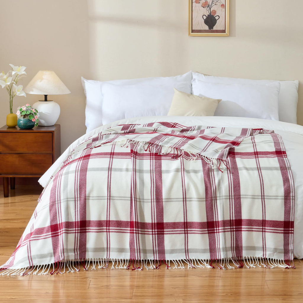 Red and White Plaid Throw Blanket for Couch - 60"X80"