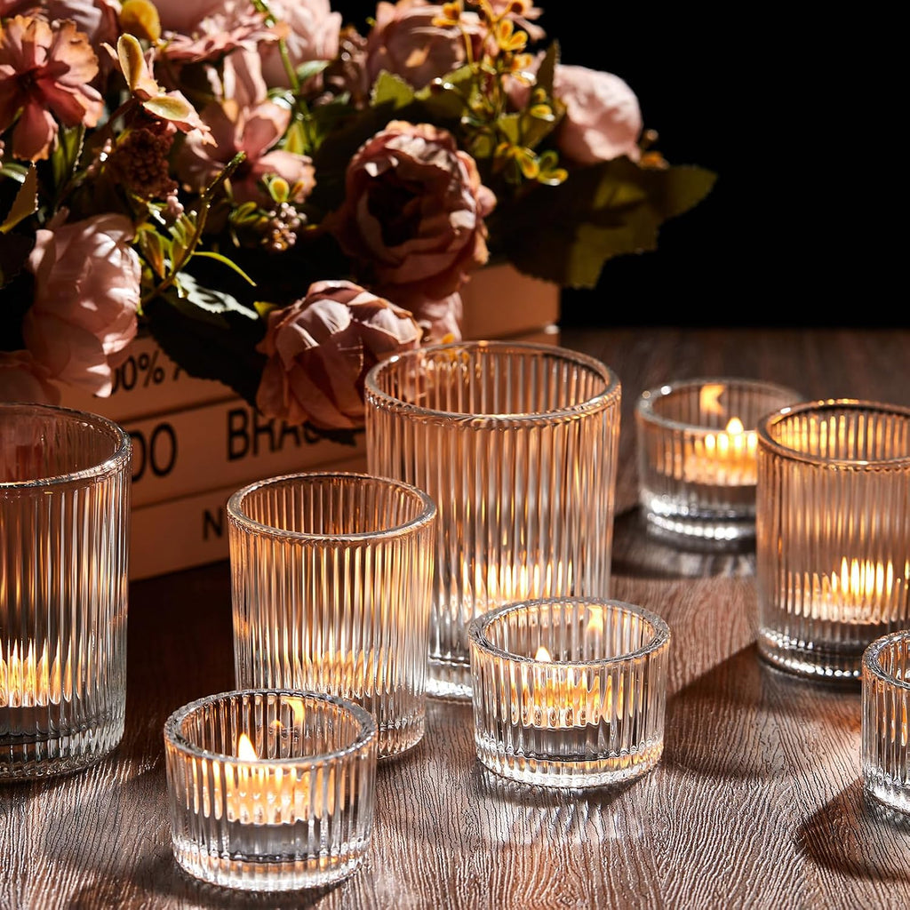 24 Pcs Assorted Votive Candle Holders Ribbed Glass Tealight Candle Holder Bulk for Table Centerpiece, Baby Shower