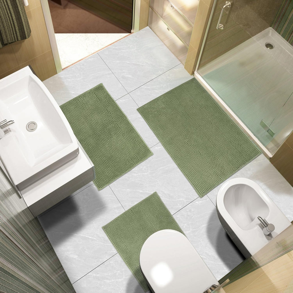 Bathroom Rugs Sets 3 Piece, Non-Slip Chenille Bath Rug - Ultra Soft, Washable, Super Absorbent Bath Mat , Toilet and