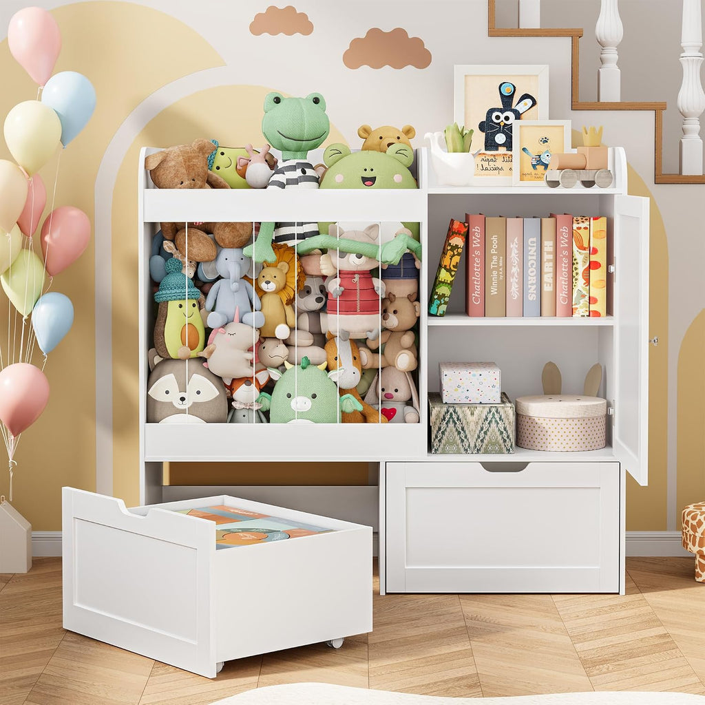 40" Toy Organizers and Storage, Stuffed Animal Holder with Magnetic Drawing Board, Wooden Toy Organizer with 2