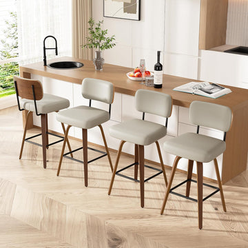Swivel Bar Stools Set of 4, 26" Upholstered Faux Leather Counter Height Barstools with Walnut Back & Bentwood Legs