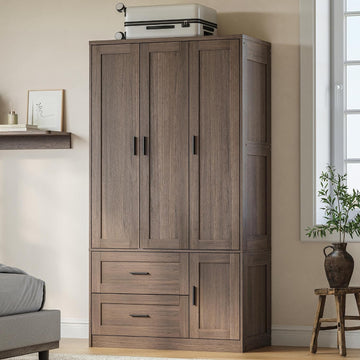 70.6 Inch Armoire Wardrobe Closet with Drawers (Dark Walnut) | Freestanding engineered wood armoire with a hanging