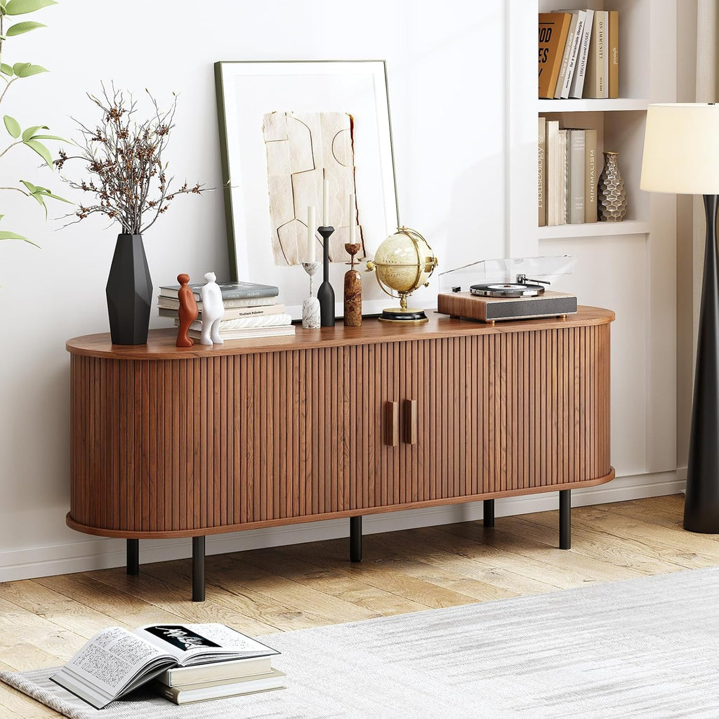 55" TV Stand with Power Outlet, Mid-Century Modern Television Stand, Fluted Media Console with Sliding Doors