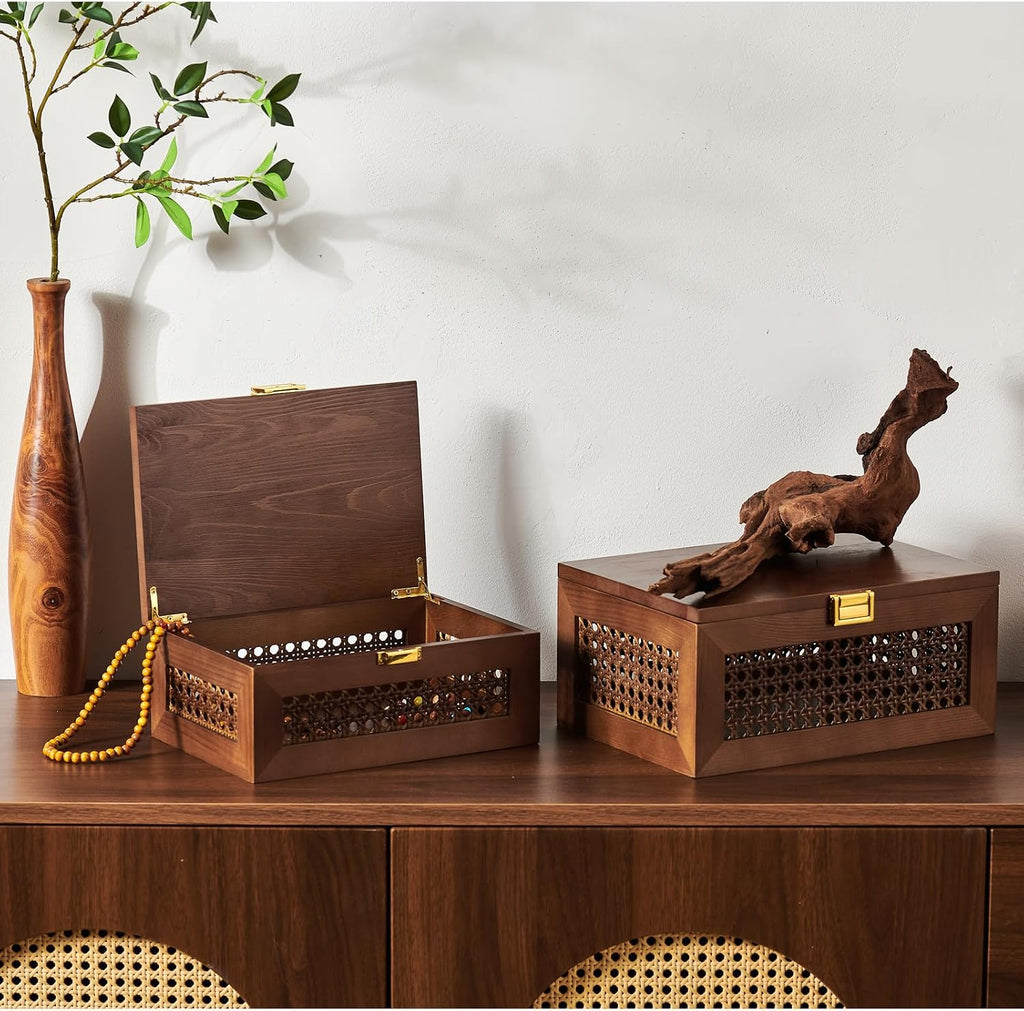 Decorative Rattan Storage Boxes Baskets with Lid Wooden Frame