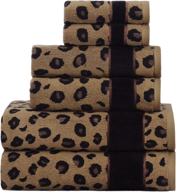 6 Piece Towel Set - 100% Cotton Animal Print Safari Towels | Soft Absorbent Leopard Cheetah Jacquard Bathroom Towels