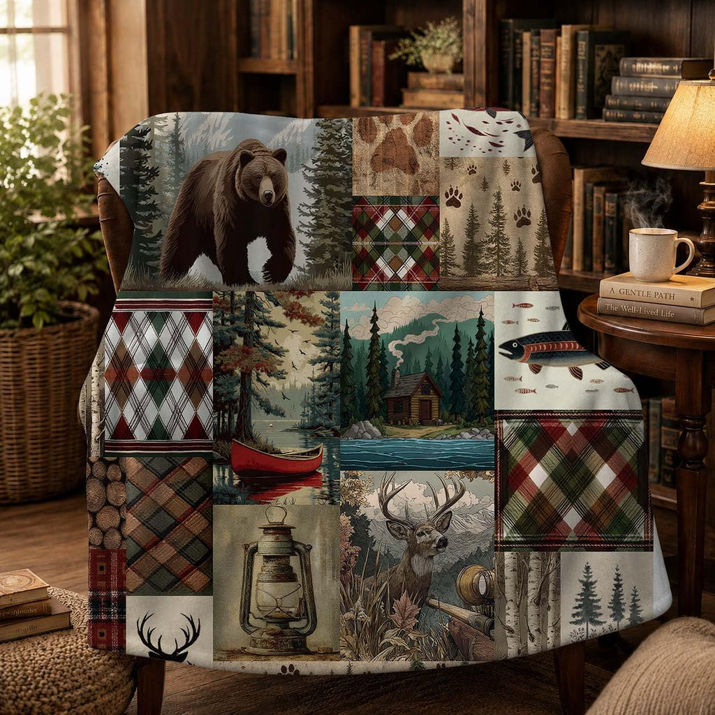 Bear Deer Flannel Blanket for Men, Rustic Cabin Throw, 50x60 Inch