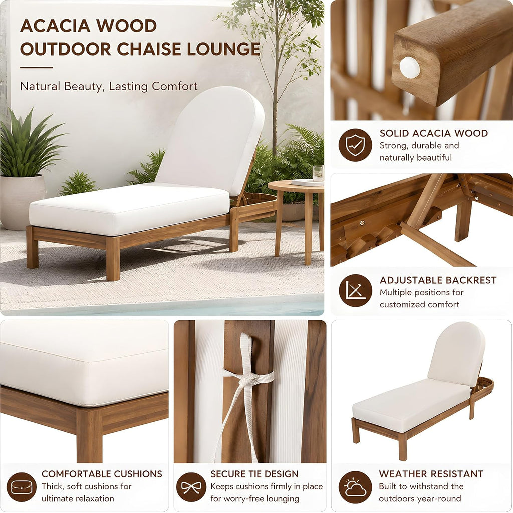Acacia Wood Chaise Lounge Chair Outdoor, Adjustable Backrest Sun Lounger Recliner, Patio Outdoor Chaise Lounge