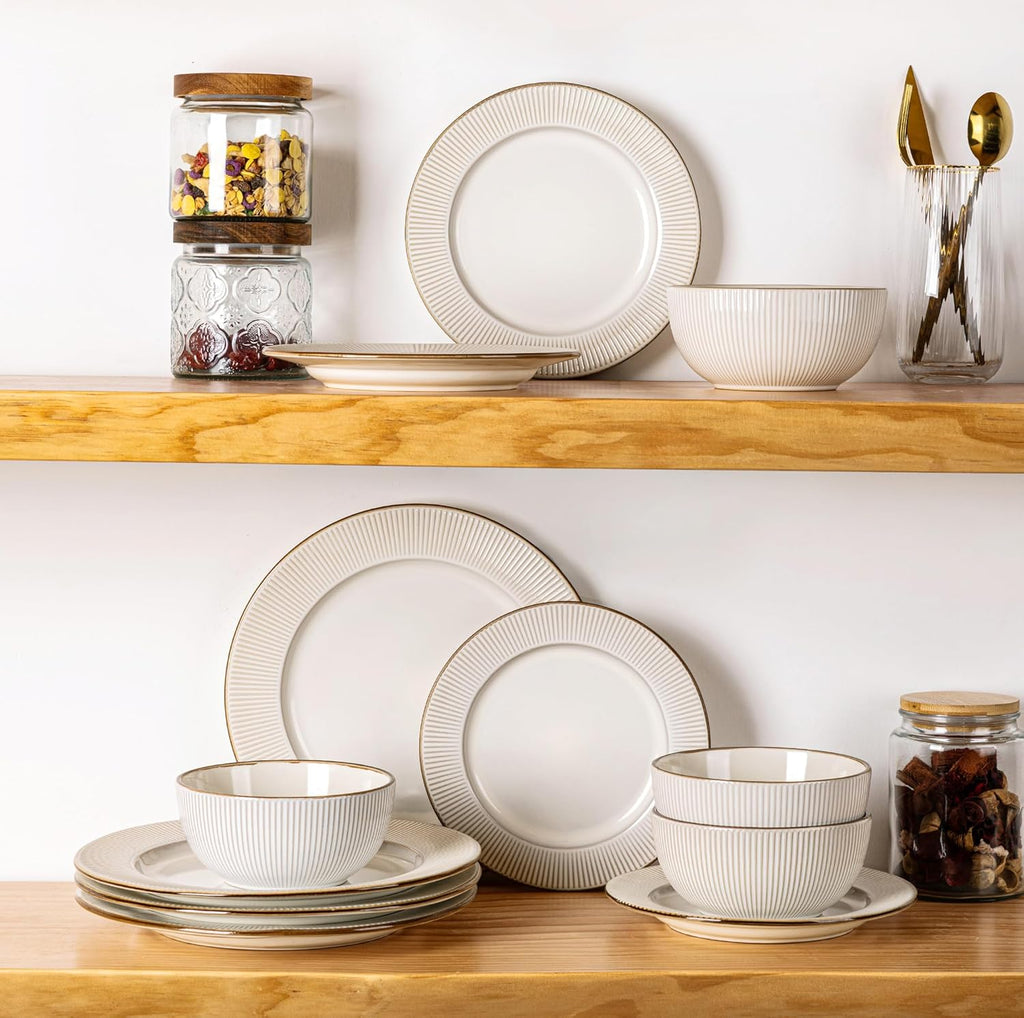 Ceramic Dinnerware Sets,12 pcs Embossed Elegant Stoneware Plates and Bowls Sets