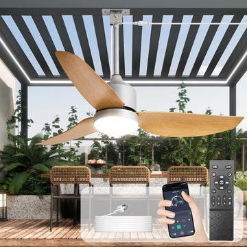 42-Inch Ceiling Fans with Lights: Outdoor Waterproof Ceiling Fan for Patios - Plug in Gazebo Fans with Remote Control - Low Profile Outdoor Fan 3 CCT DC Motor for Pergola Porch - Wood Color