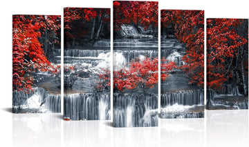 5 Pieces Large Black and Red Canvas Wall Art Waterfall Nature Landscape Picture Print, Living Room Office Decoration