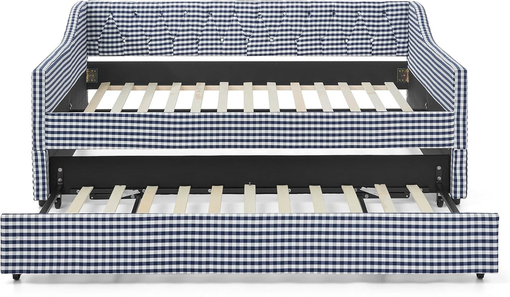 Gingham Daybed with Pull-Out Trundle and Side Pocket /Guest Room, Full Size Upholstered 3-in-1 Versatile Sofabed