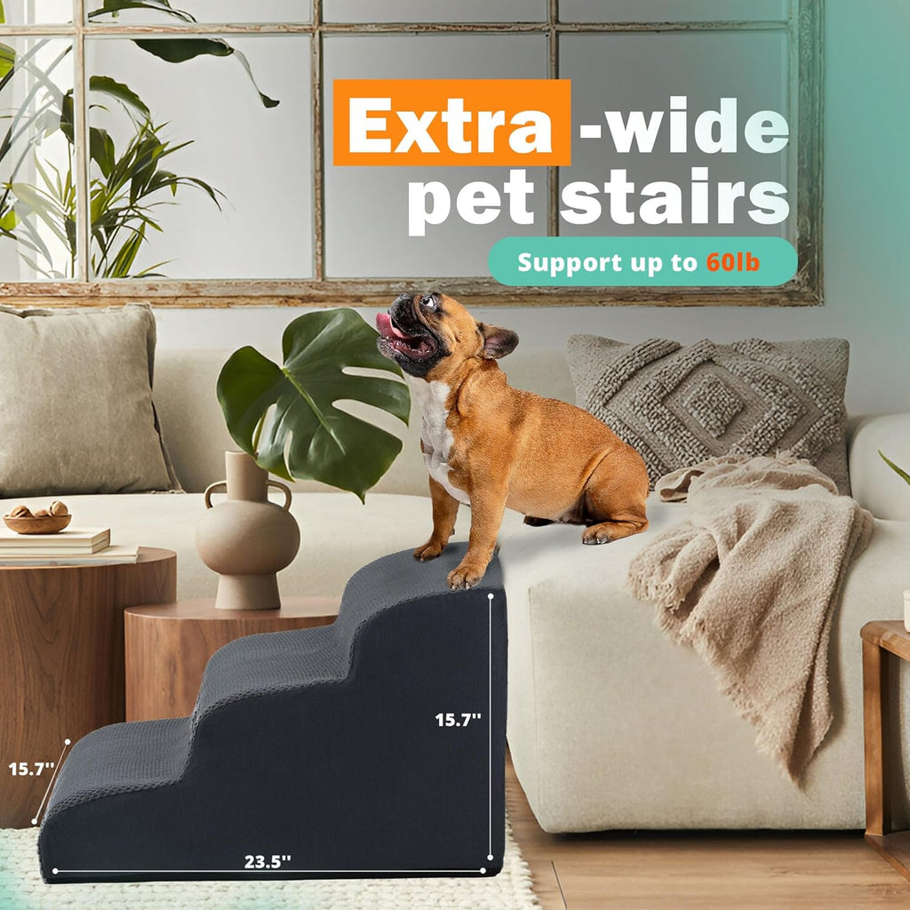 GARMART 3-Step Dog Stairs for Bed with Washable Cover, Durable High Density Foam Pet Ramp for Small Dogs, Gray