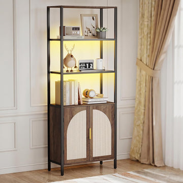 Rattan Bookshelf with Storage, Boho Bookcase with Wicker Doors, 71" Tall Book Shelf with LED Lights, Brown