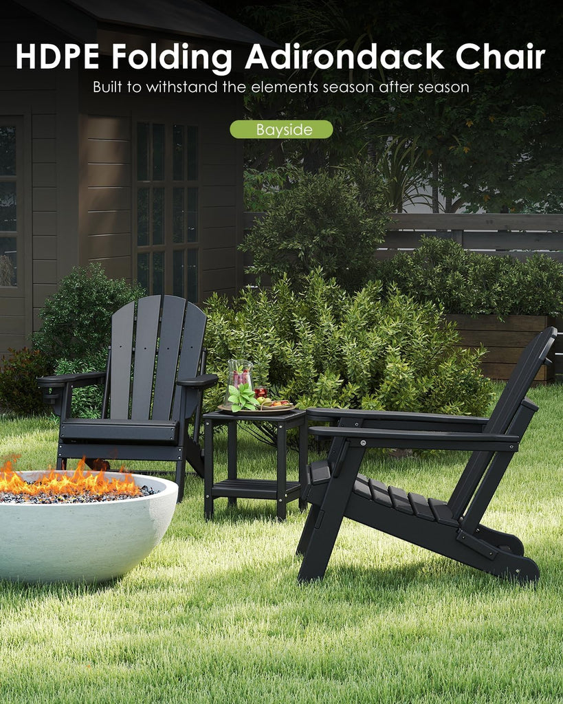 Folding-Adirondack-Chairs Set of 2, HDPE All Weather, Black | Hidden Cup Holder | 5" Wide Armrests | Foldable Fire