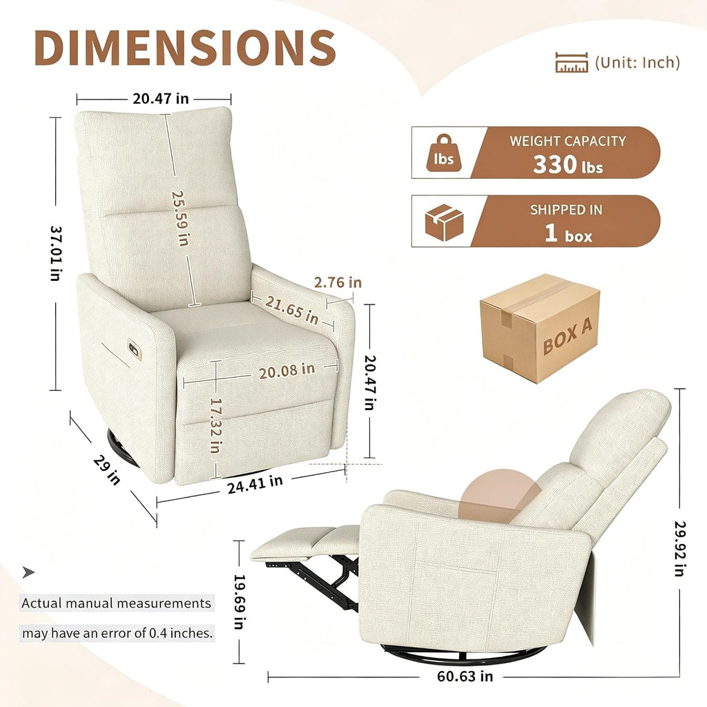 Power Swivel Recliner Chair, 270°Swivel Rocker Chair for Adults, Rocking Recliner Upholstered Fabric Glider Recliner