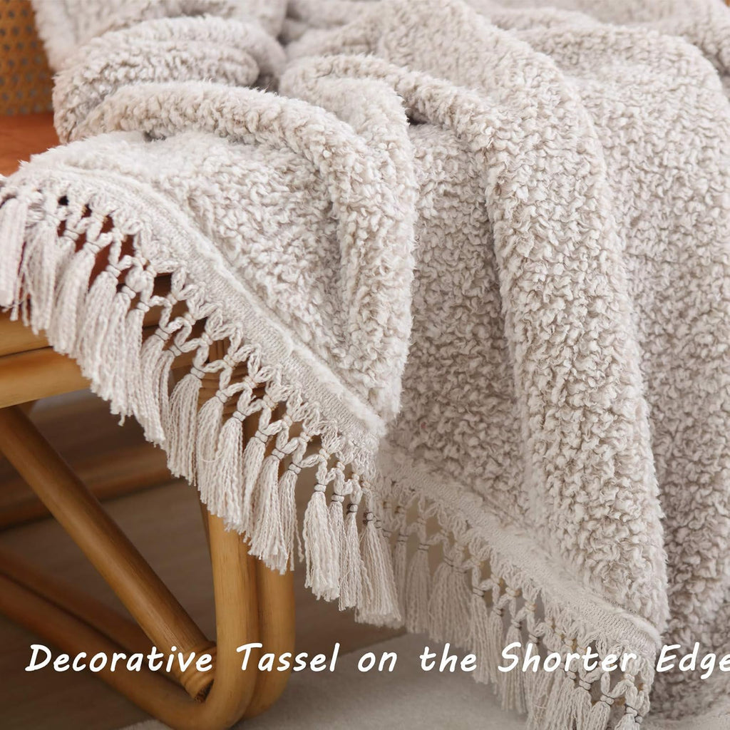 Ultra Soft Cozy Throw Blanket with Tassel, Light Weight Warm Decorative 2 Tones Ombre Light Brown Pattern Reversible