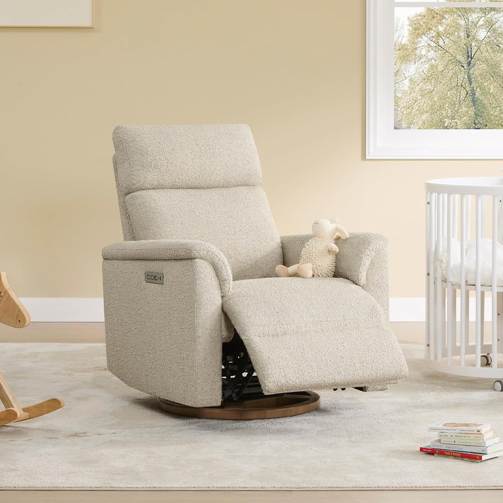 Power Recliner Chair with Nightlight, Nursery Glider, Boucle in Sand | Power Headrest, Water-Resistant Fabric